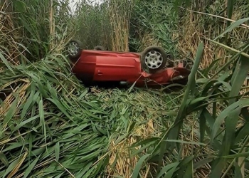 Autoturismul condusă de tânără s-a răsturnat în vegetația de pe marginea lacului. FOTO ISU Călărași