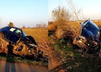 Mașina s-a răsturnat și a lovit trei pomi. FOTO IPJ Ialomița