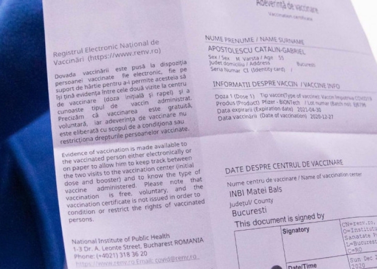 Adeverință de vaccinare. Foto: gov.ro