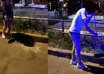 Spărgătorii de semințe, amendați și puși să măture. FOTO Poliția Locala Tulcea