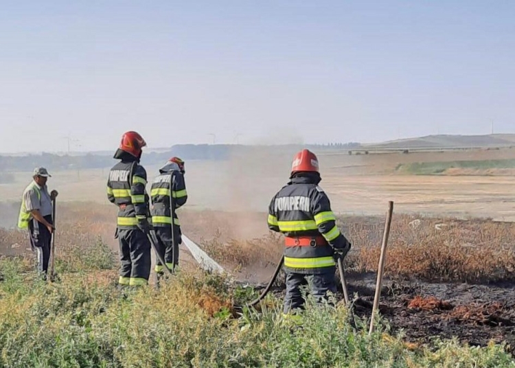 Pompierii au intervenit pentru a stinge incendiul izbucnit pe câmp. FOTO ISU Delta Tulcea
