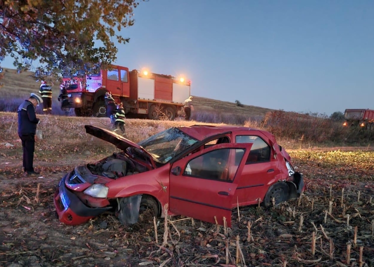 Mașina s-a răsturnat în afara părții carosabile. FOTO ISU Delta Tulcea