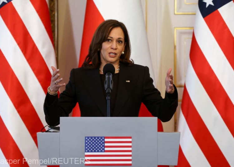 U.S. Vice President Kamala Harris speaks during a news conference with Polish President Andrzej Duda, amid Russia's invasion of Ukraine, at Belvedere Palace in Warsaw, Poland March 10, 2022. REUTERS/Kacper Pempel