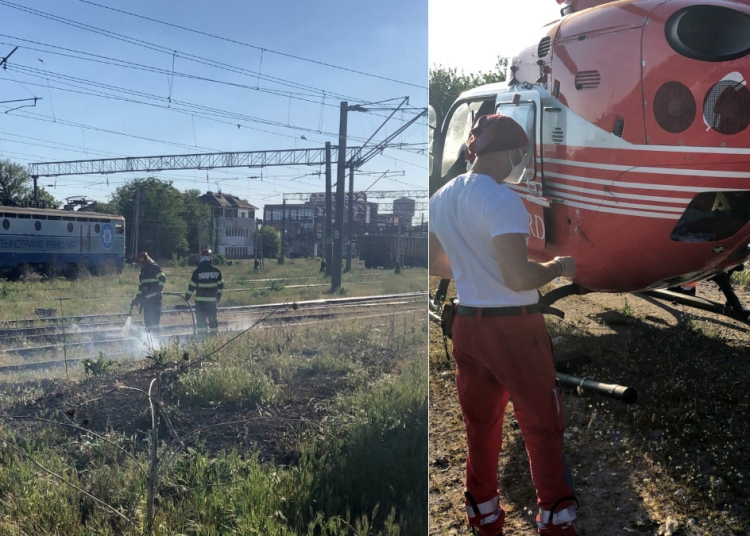 Copilul electrocutat a fost preluat de elicopterul SMURD. FOTO ISU Ialomița