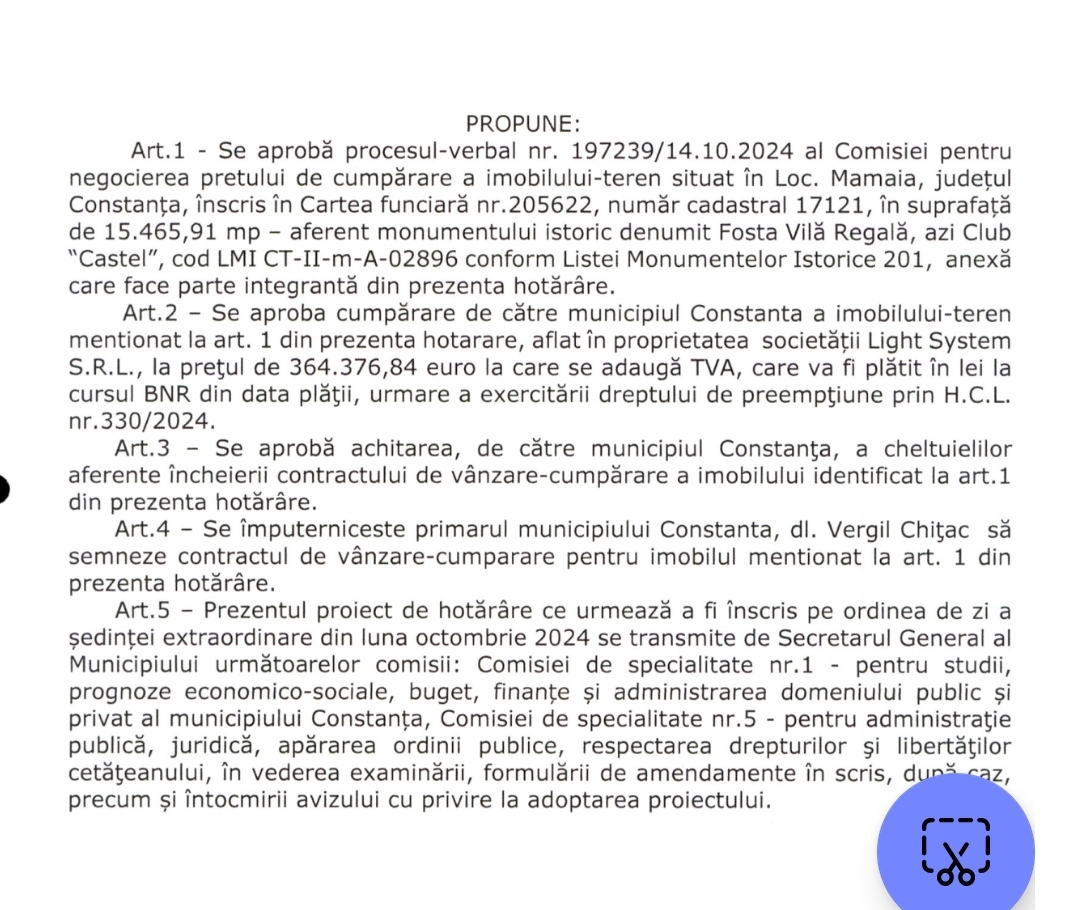 Primăria Constanța va cumpăra terenul pe care se află Castelul Regal din stațiunea Mamaia: a fost stabilit prețul